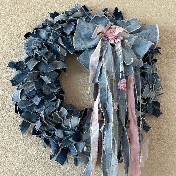 Boho Shabby Rag Wreath Denim Country Cottage Wall Decor Bow Farmhouse - Picture 6 of 12